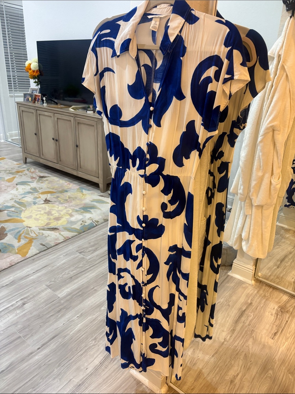 Blue & White Button-Front Floral Shirt Dress